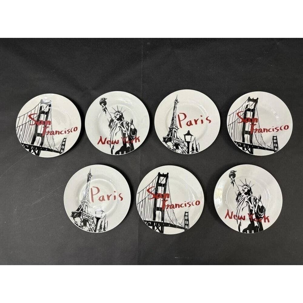 Pacific Island PARIS LONDON 7pc Salad Dessert Black White & Red Ceramic Plates